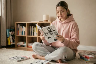 Jeune femme lisant un manga yaoi en version française dans sa chambre cosy entourée de volumes empilés