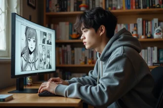 Jeune homme lisant un scan de manga sur un grand écran haute résolution dans une pièce décorée de manga et figurines