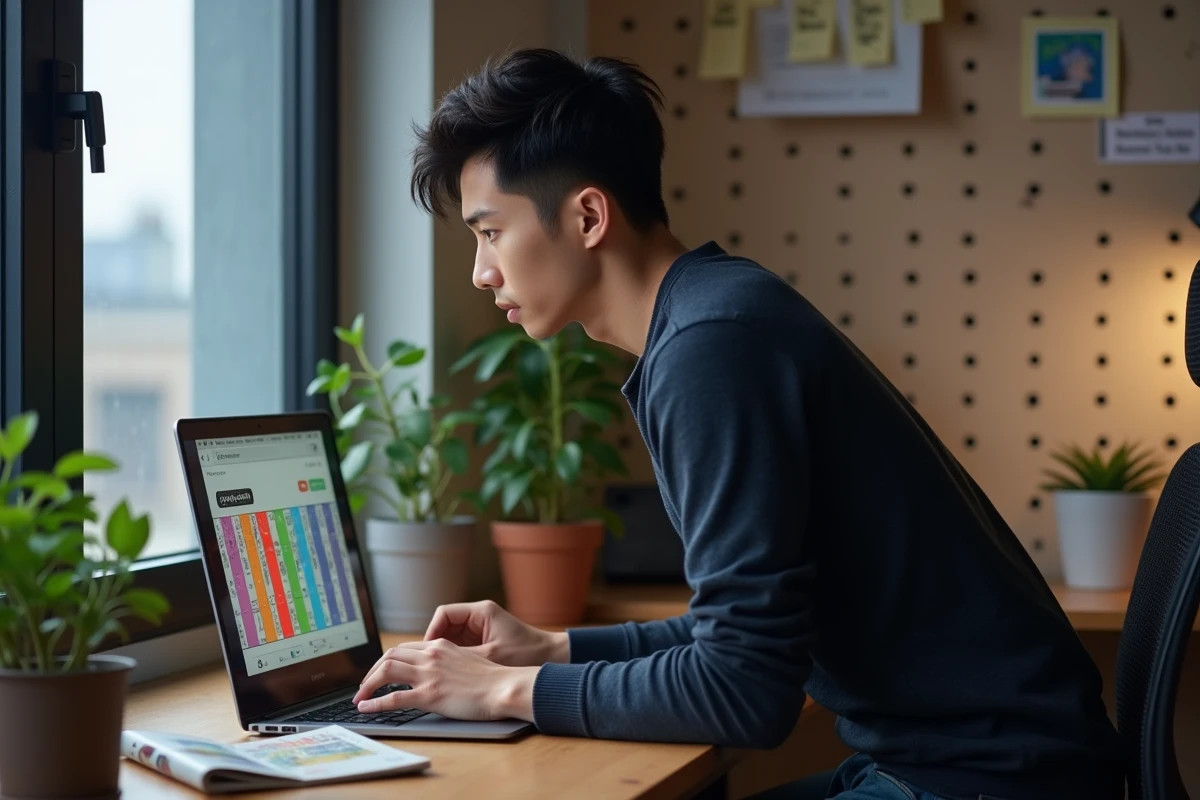 Jeune homme lisant un webtoon sur ordinateur portable dans un bureau à domicile moderne