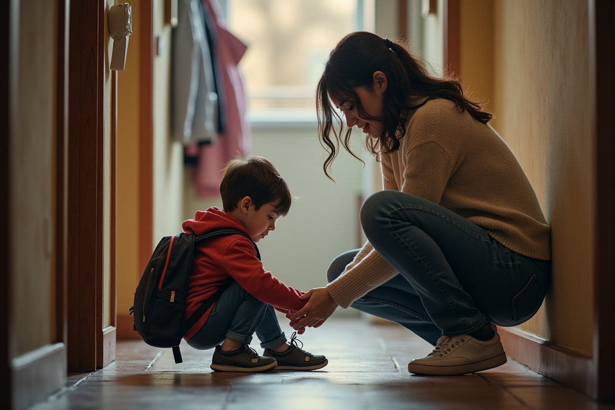 Femme aidant son enfant à l'entrée de l'appartement