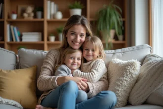 Femme et fille souriantes dans un salon chaleureux