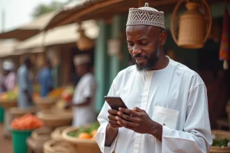 Homme comorien en marché avec smartphone et chapeau kufi