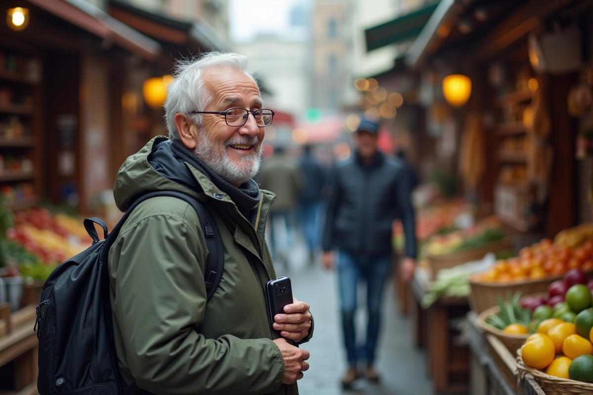 Vieux voyageur discutant avec un vendeur au marché extérieur