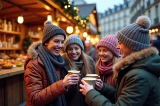 Groupe de jeunes et enfants souriants au marché de Noël à Lyon