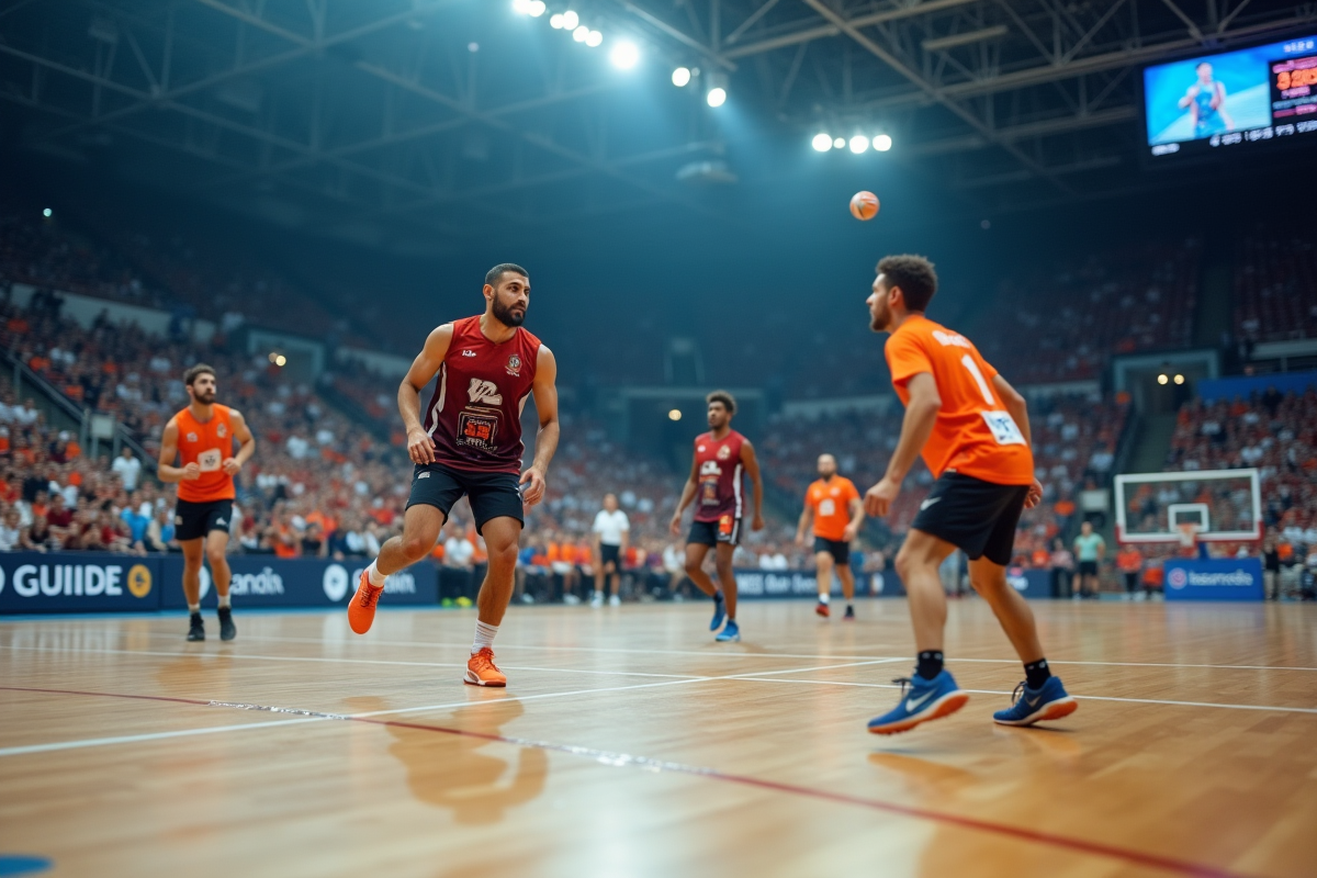 Match de handball en intérieur avec joueurs en action