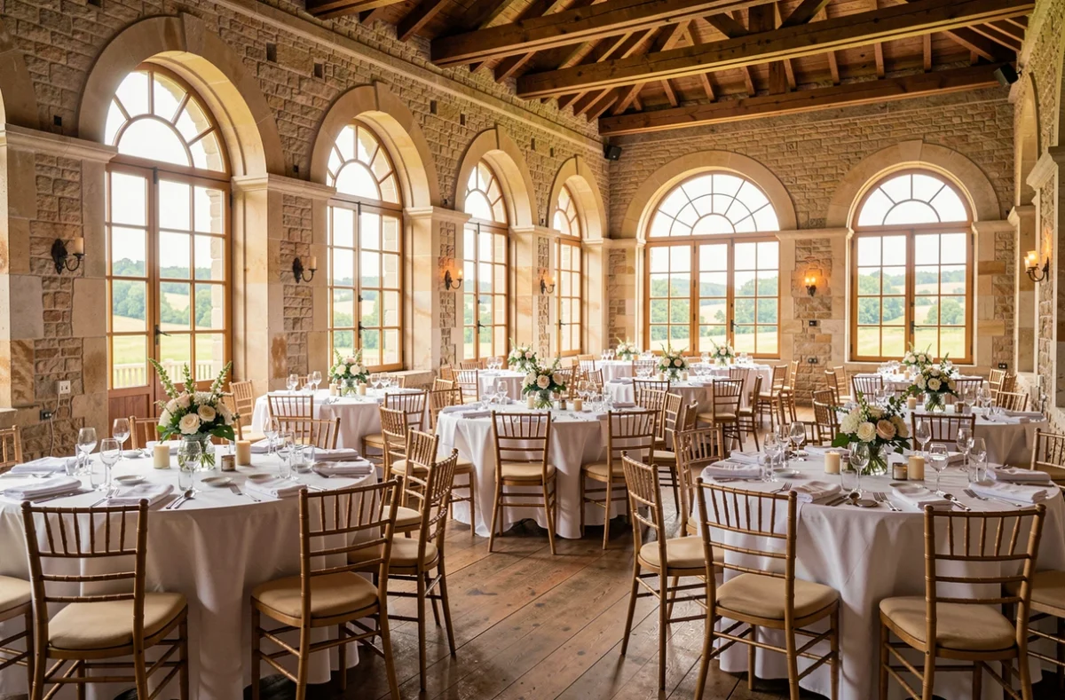 Salle de réception élégante dans les Hauts-de-France avec tables dressées et décoration florale pour un événement