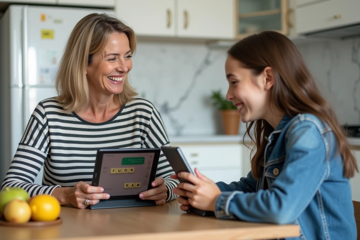 Mère et adolescente jouant ensemble au Scrabble en ligne sur des tablettes dans une cuisine familiale