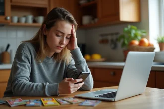 Mère dépassée assise à la table de cuisine entourée de cartes Pokémon et consultant son smartphone pour trouver où acheter des cartes sûres pour ses enfants