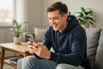 Jeune homme jouant à Monopoly GO sur son smartphone depuis son canapé, récupérant des dés gratuits via un lien rapide