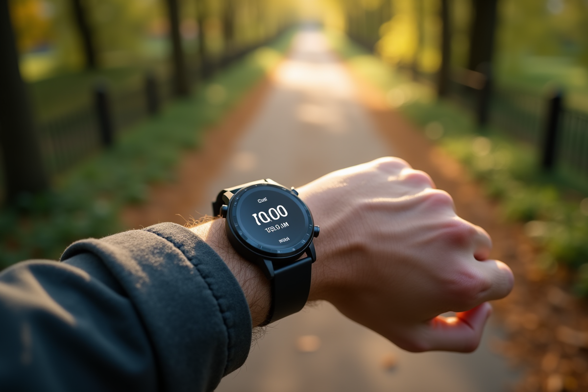 Montre connectee affichant 30000 pas en marchant dans un parc
