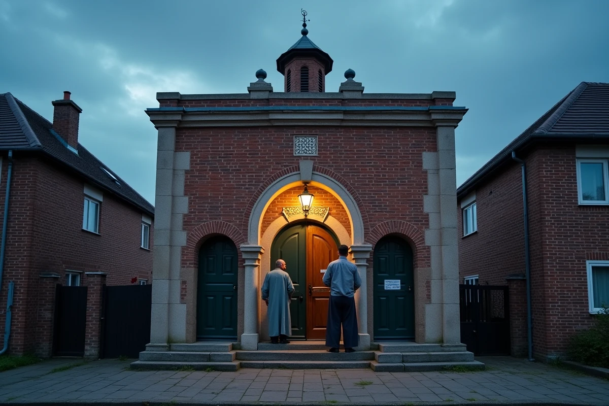 Façade d'une mosquée de quartier à Douai avec des fidèles se préparant à la prière du soir Isha, ambiance crépusculaire typique du nord de la France