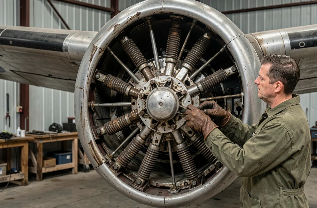 Moteur radial Wright R-1820 Cyclone du B-17F en cours d'inspection, cylindres en étoile exposés, mécanicien en tenue d'époque