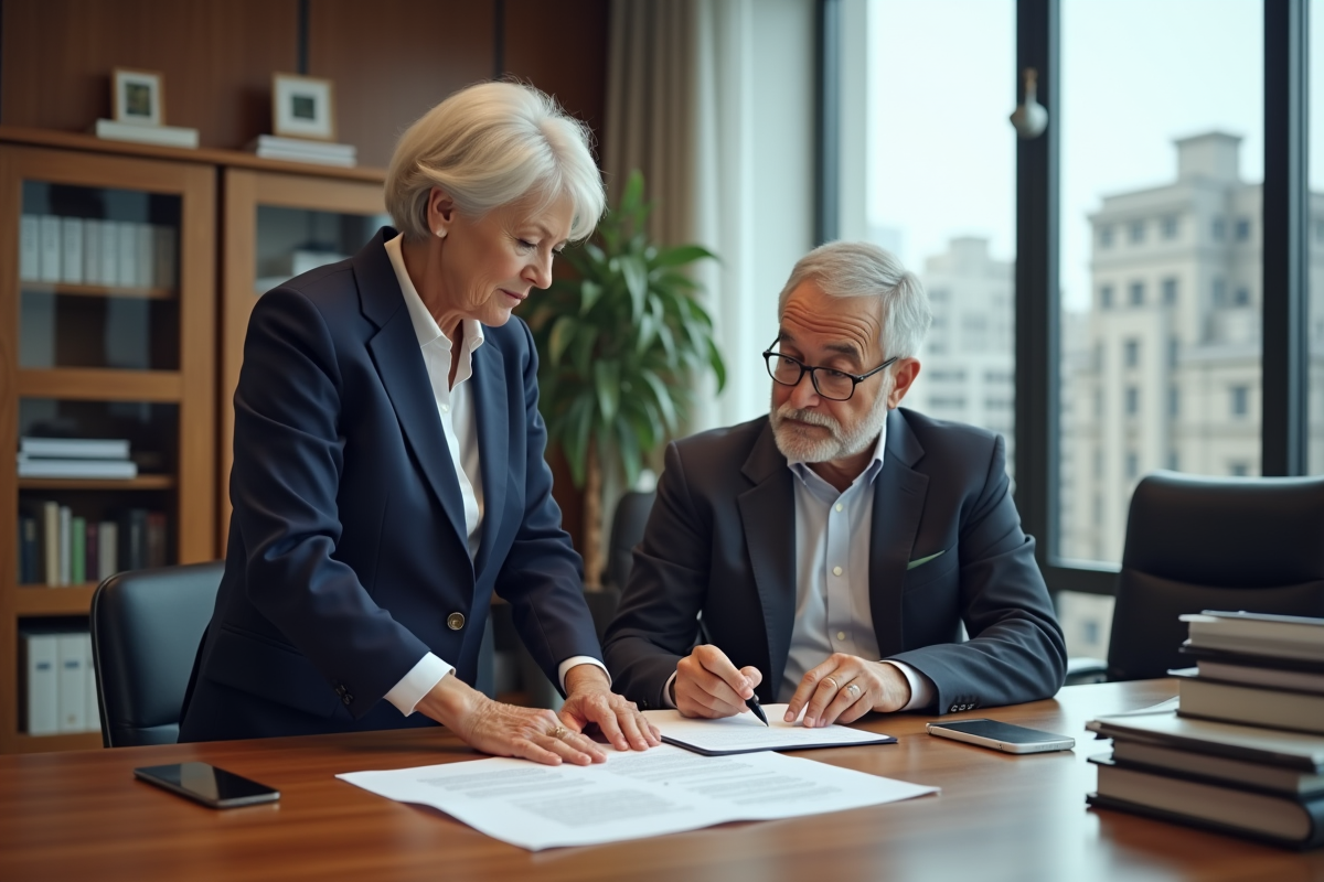 Notaire et cliente examinant des documents dans un bureau professionnel