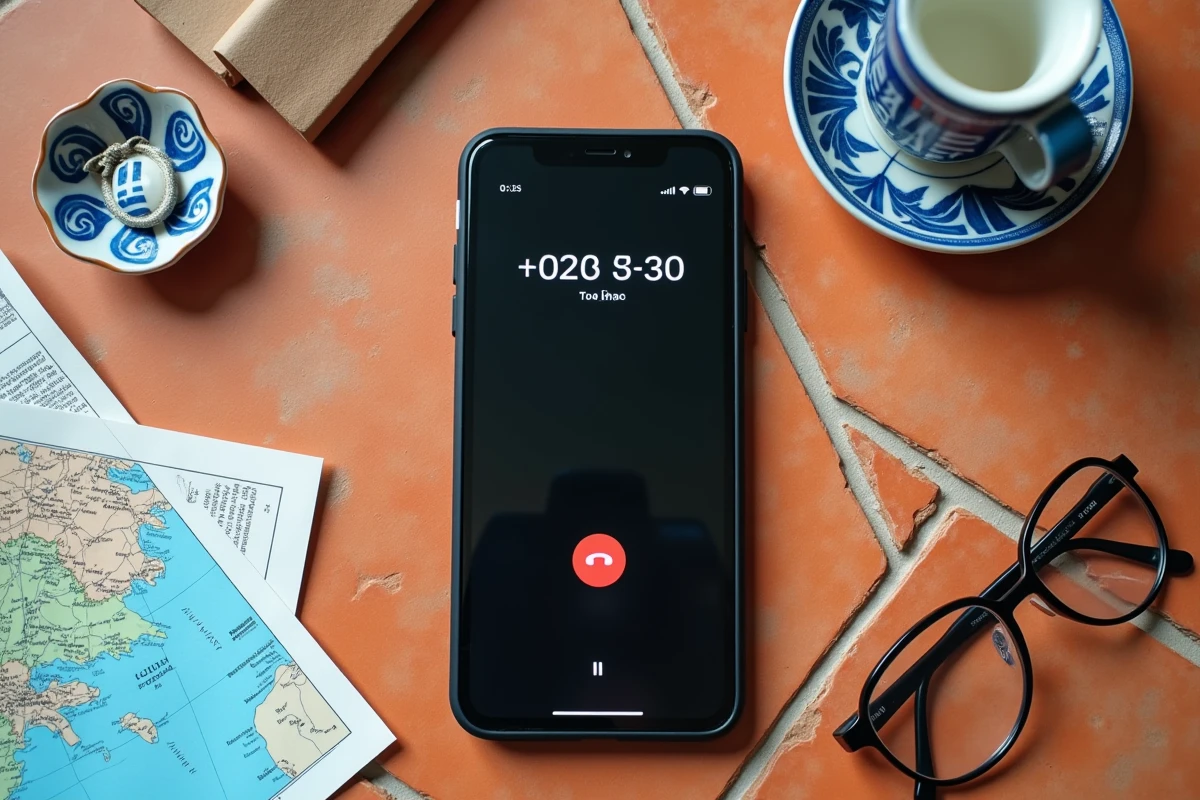 Vue aérienne d'un smartphone affichant un appel entrant avec l'indicatif international grec +30 sur fond de carrelage et carte de Grèce