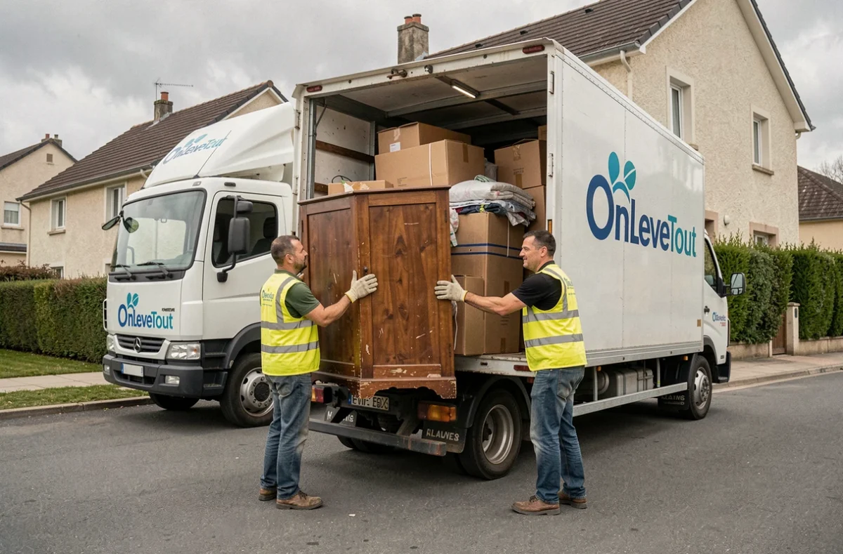 Équipe OnLeveTout chargeant un camion de débarras devant une maison en banlieue parisienne