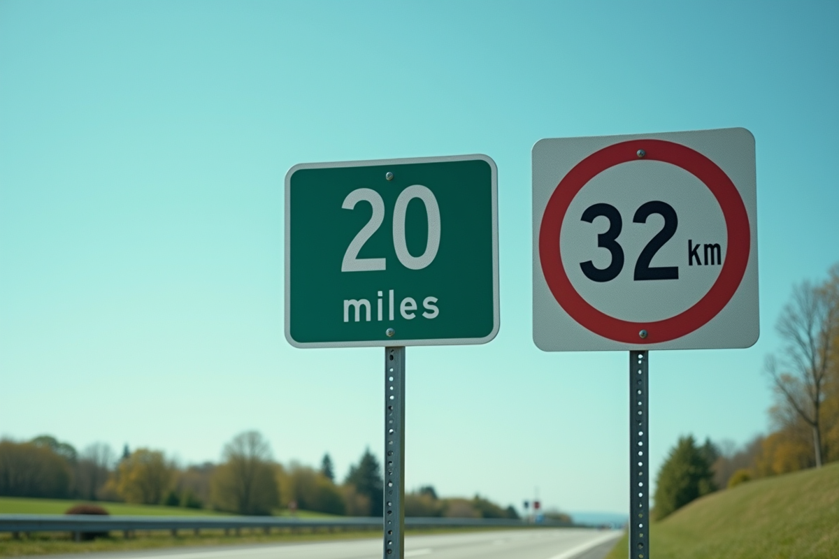 Panneaux routiers miles et km sur fond de ciel bleu