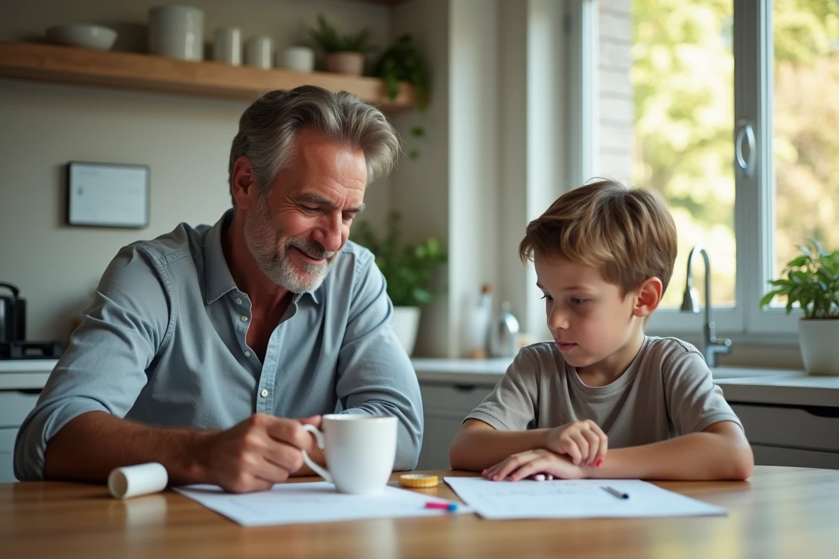 Pere et enfant dessinant dans une cuisine lumineuse