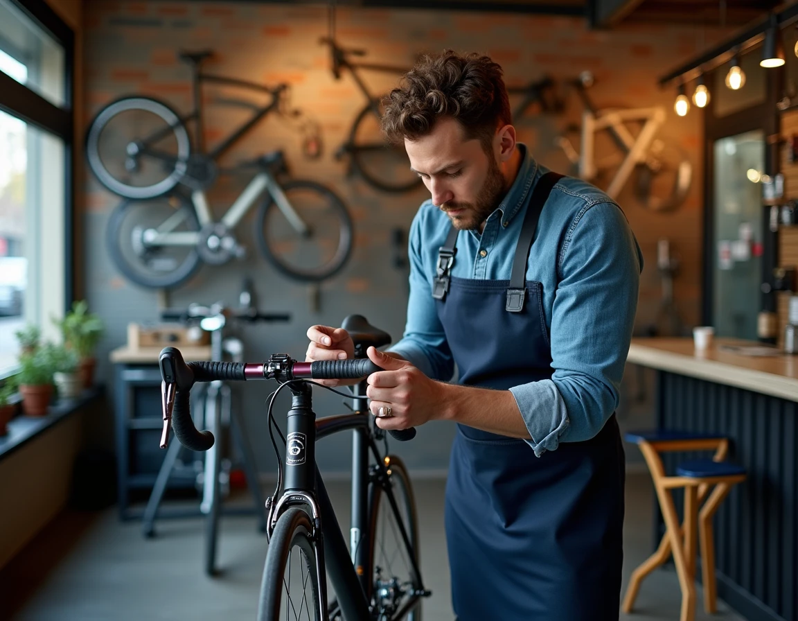 Mécanicien de Parco Cycles réglant un dérailleur sur un vélo de route dans son atelier au centre de Strasbourg