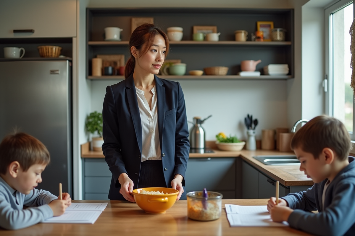 Parent seul préparant le dîner avec enfants à la maison