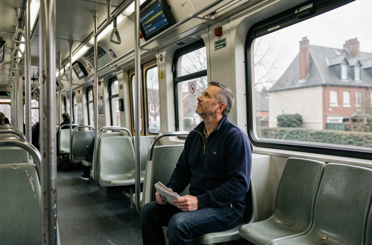 Passager dans un RER consultant le panneau d'information en temps réel à bord du train