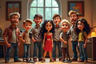 Groupe de personnages animés en version réelle dans un studio lumineux