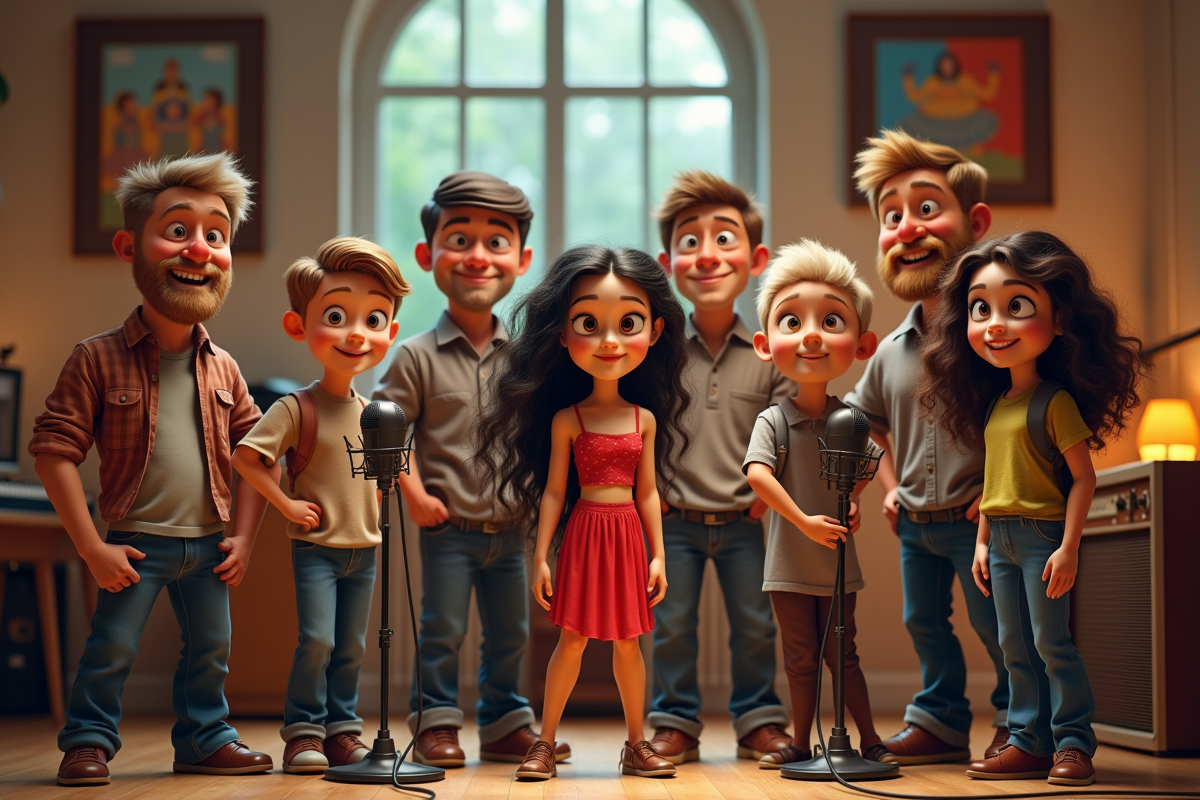 Groupe de personnages animés en version réelle dans un studio lumineux