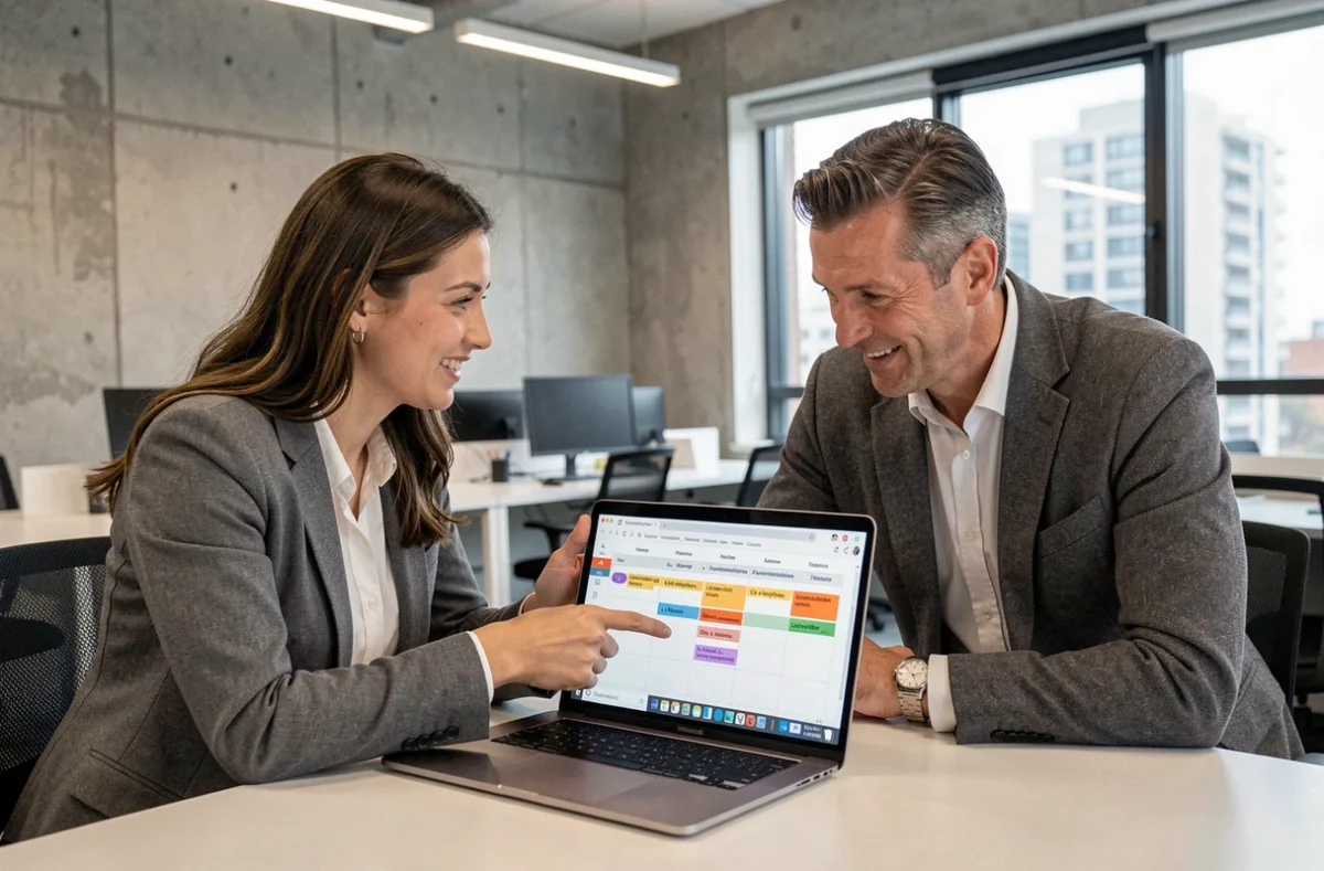 Deux collègues en bureau open space planifiant un appel entre la France métropolitaine et La Réunion sur un outil de calendrier