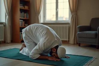 Homme en prière du matin sur un tapis de prière dans un appartement du nord de la France, illustrant les horaires de prière Fajr à Douai