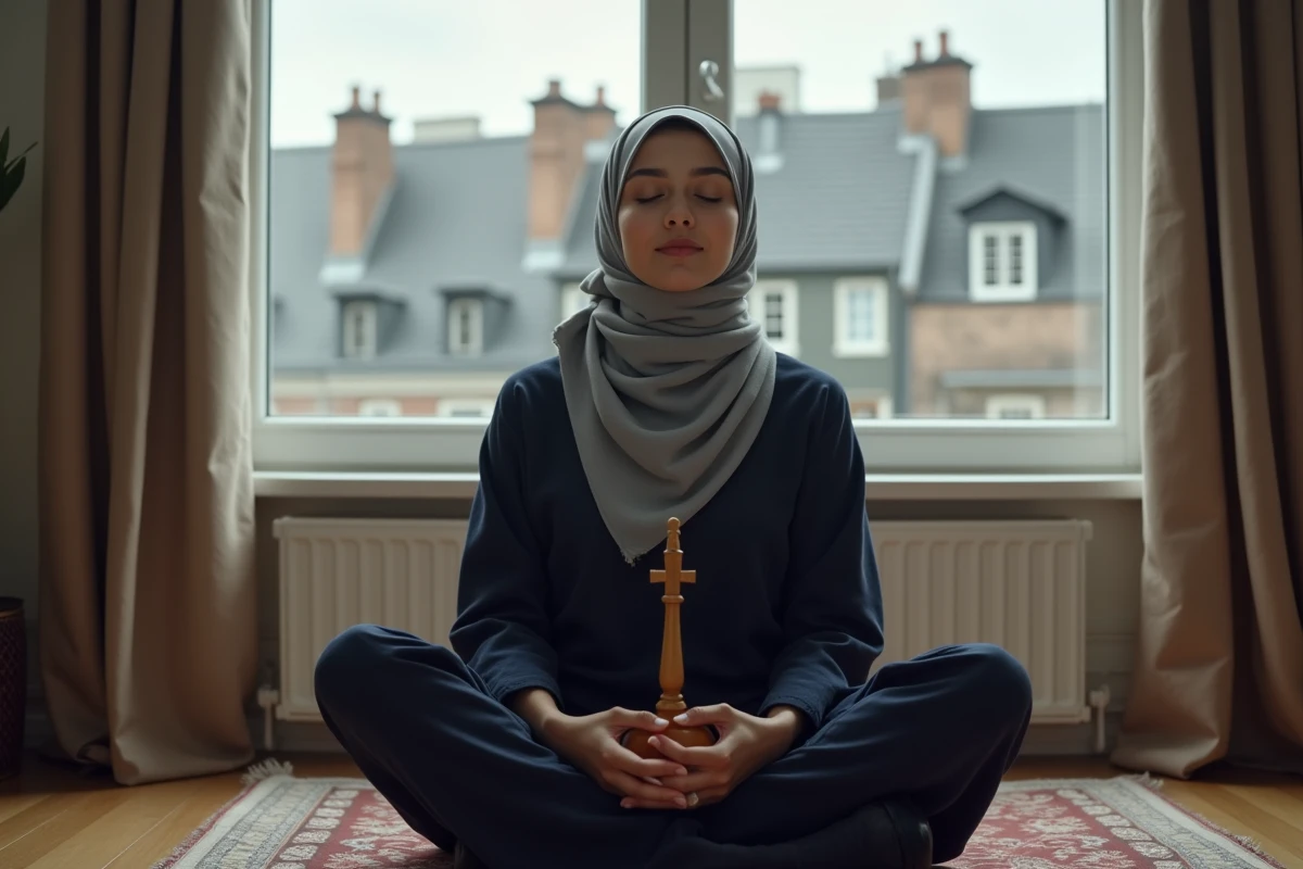 Jeune femme musulmane en recueillement après la prière du Maghrib, tenant un chapelet près d'une fenêtre donnant sur les toits de Douai