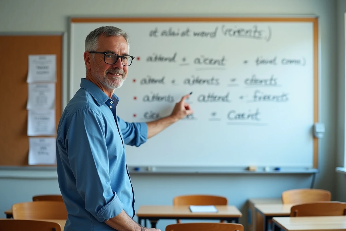 Professeur de français expliquant la différence entre 'attends' et 'attend' au tableau dans une salle de classe