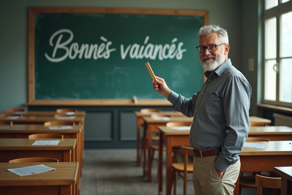Professeur français montrant au tableau l'expression correcte 'bonnes vacances' écrite à la craie dans une salle de classe