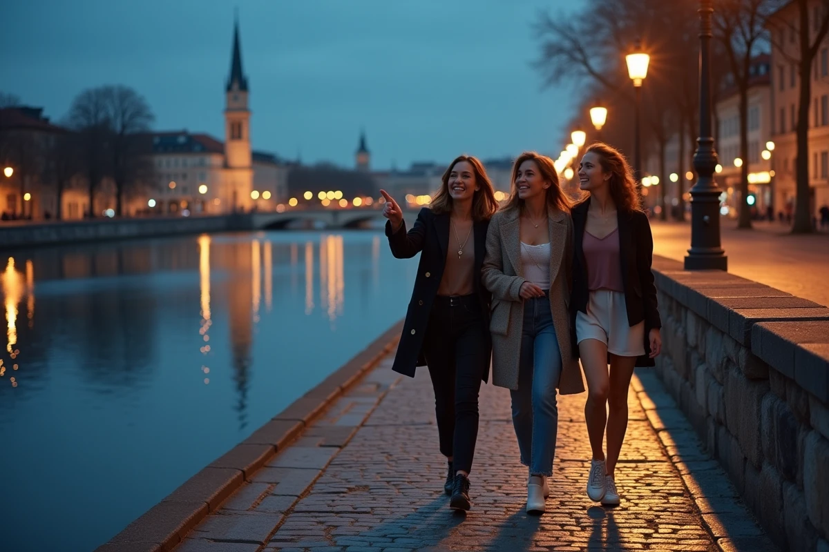 Groupe de femmes se promenant sur les quais de Saône à Lyon en soirée avec vue sur le Vieux-Lyon