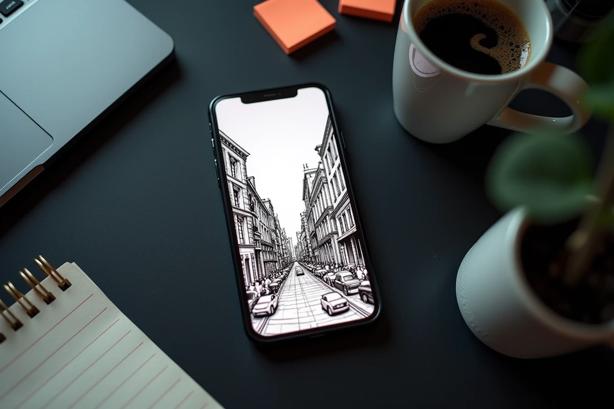 Vue de dessus d'un smartphone affichant un scan manga en haute qualité posé sur un bureau avec café et notes