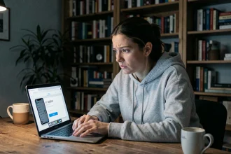Femme recherchant un numéro de téléphone anonymement sur un ordinateur portable dans un bureau à domicile