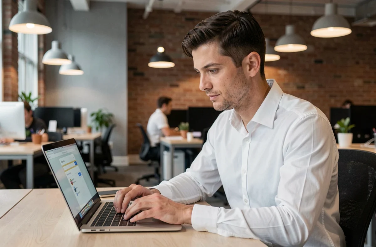 Homme recherchant un numéro de téléphone sur un ordinateur portable dans un espace de coworking pour vérifier la fiabilité d'une entreprise