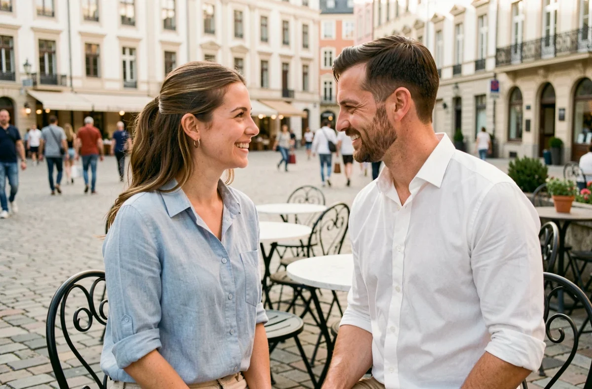 Couple se rencontrant pour la première fois en terrasse grâce à un algorithme de mise en relation d'une application de rencontres