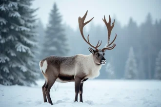 Renne majestueux dans une forêt nordique enneigée avec des bois couverts de flocons de neige