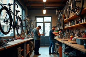 Atelier de réparation de vélos dans le Grand Est avec mécaniciens au travail et vélos alignés sur des supports muraux