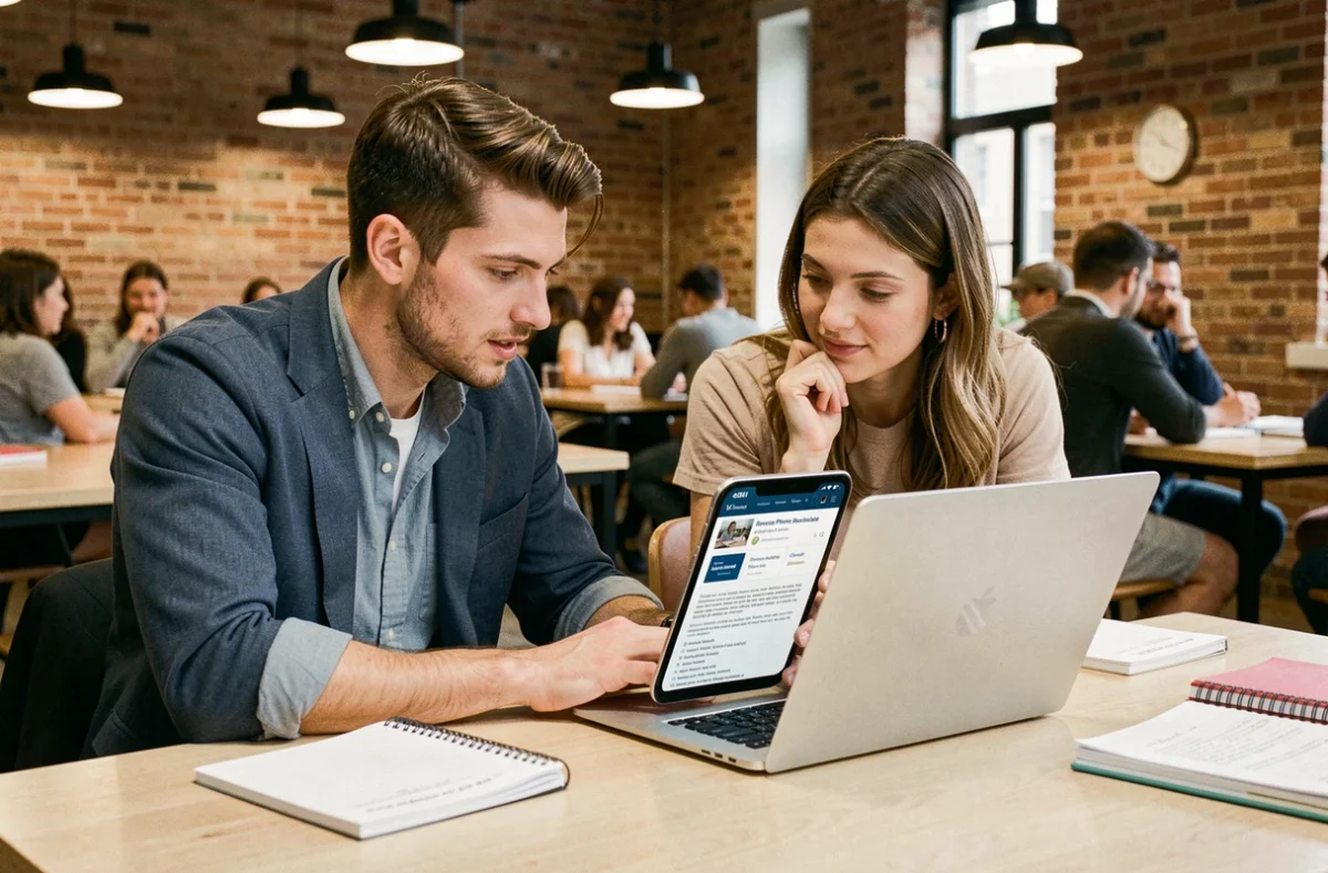 Deux collègues en espace de coworking cherchant à identifier un numéro de téléphone sur un ordinateur partagé