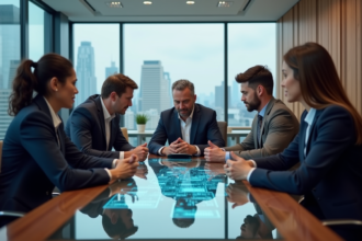 Groupe de professionnels autour d'une table avec un diagramme blockchain