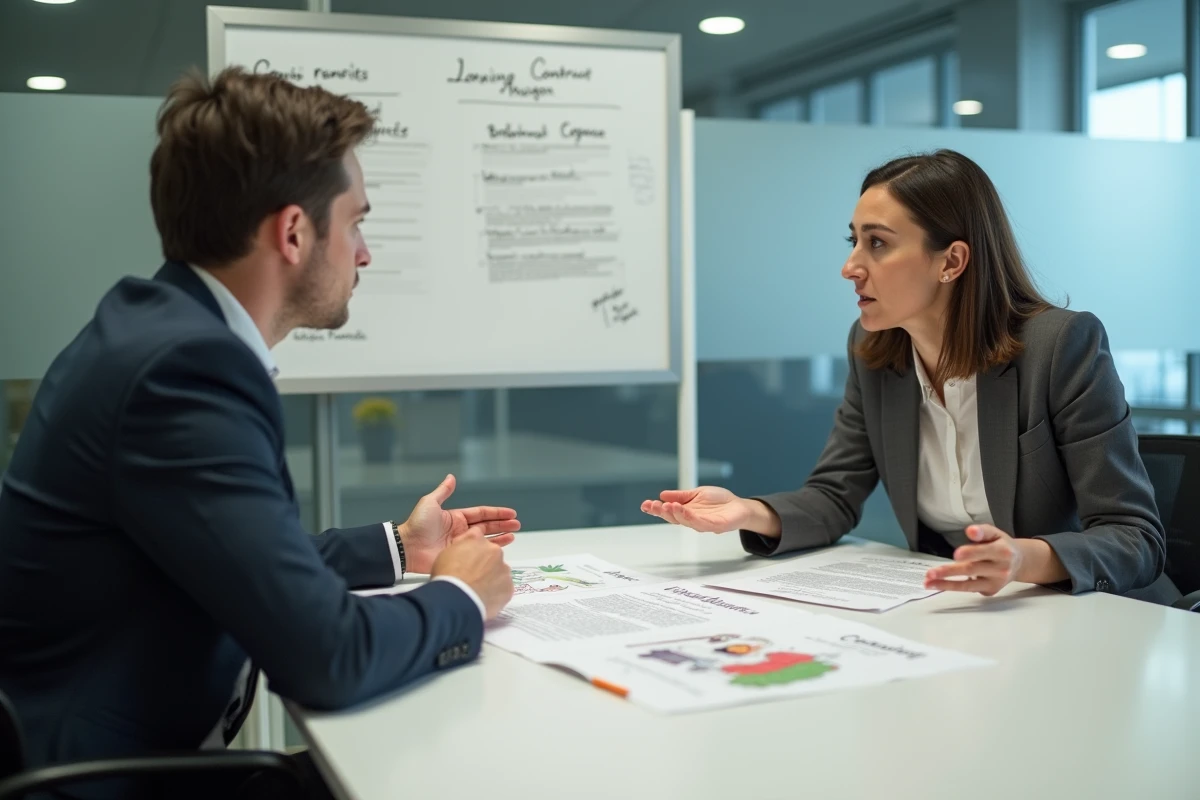 Deux professionnels discutant des droits d'auteur de personnages animés autour d'une table de réunion
