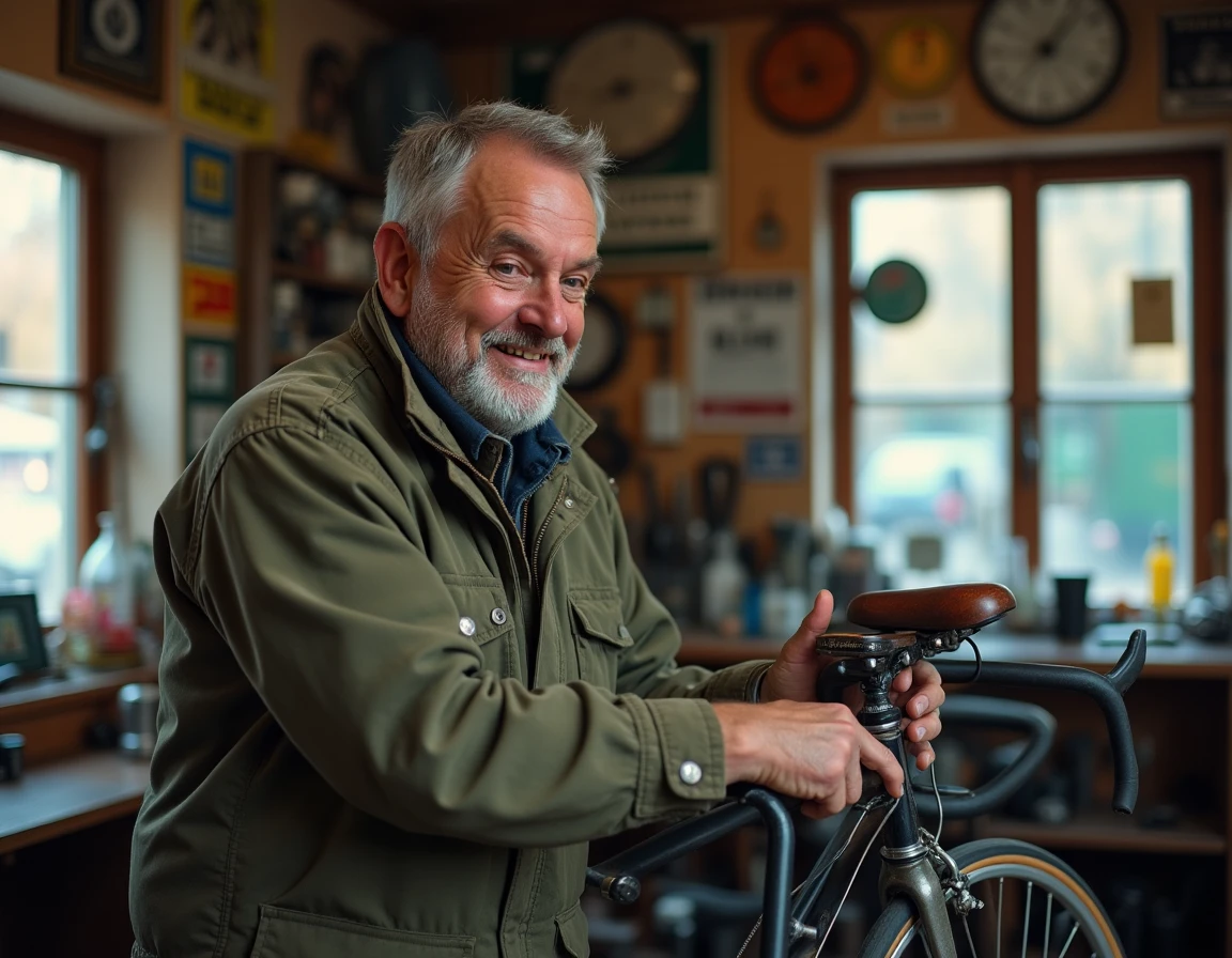 Réparateur de Roule Raoul ajustant la selle d'un vélo de course vintage dans son atelier de cycles à Metz