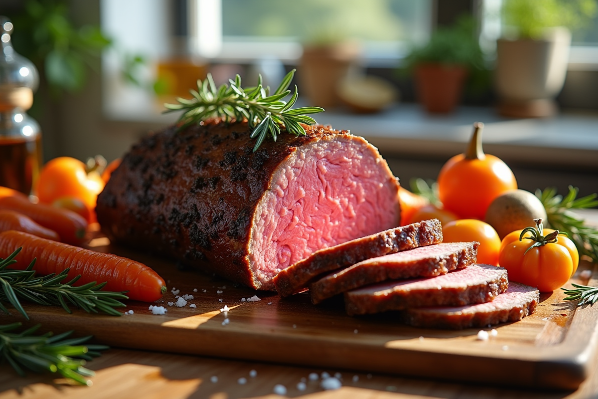 Rôti de boeuf de 500g tranché avec légumes et romarin
