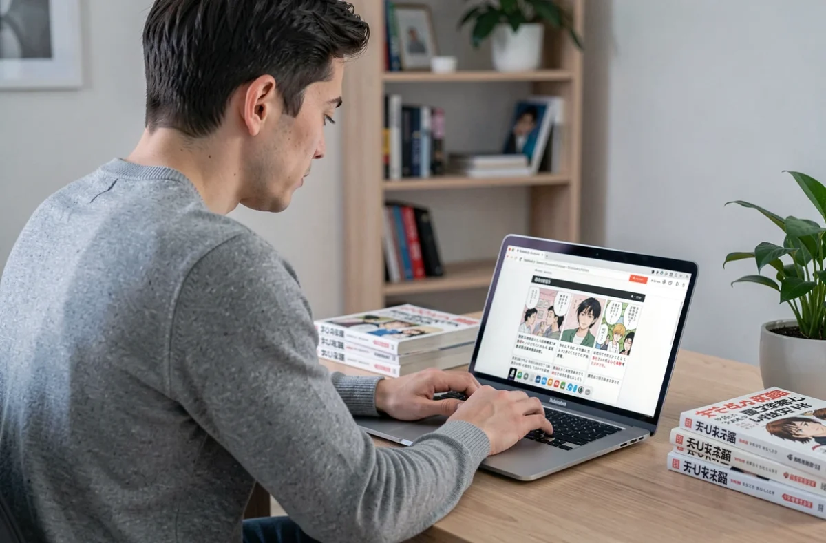 Jeune homme lisant des scans manga yaoi en VF sur son ordinateur portable au bureau à domicile
