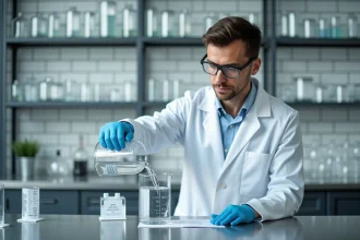 Scientifique en blouse blanche versant de l'eau dans un contenant cubique gradué en litres et mètres cubes dans un laboratoire