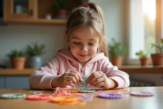 Adolescente réalisant un scoubidou en forme de fleur avec des couleurs tendance 2026 sur une table en bois