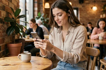 Jeune femme qui fait du shopping de mode en ligne sur smartphone dans un café tendance