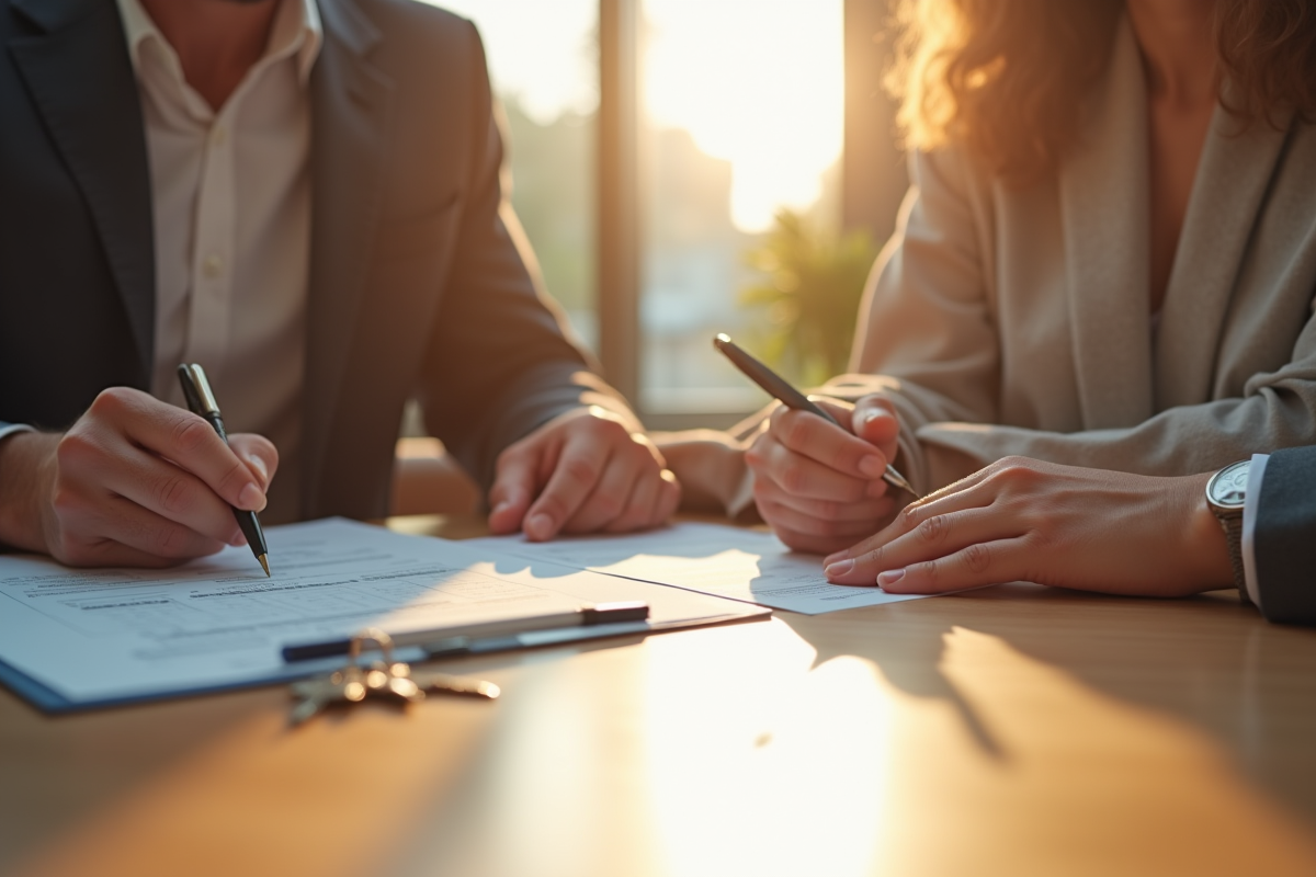 Couple signant des documents de prêt immobilier dans un salon lumineux