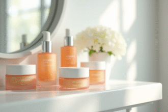 Collection de soins vitamine C sur un comptoir lumineux