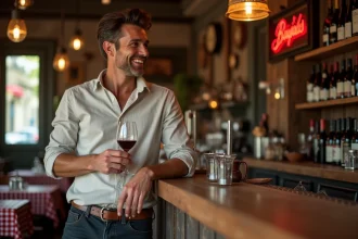 Homme savourant un verre de Beaujolais dans un bouchon lyonnais traditionnel le soir